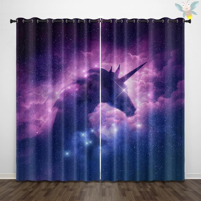 2er-Set dekorative Vorhänge mit Sternenhimmel-Tierprint in Blau und Lila, B: 140 cm, H: 160 cm - Bild 1