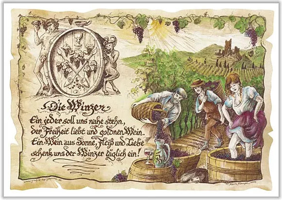 Zunftbild Winzer auf Antikpapier als Vintage Poster in den Farben Braun, Schwarz und Multicolour, Höhe: 29,7 cm, Breite: 21,0 cm