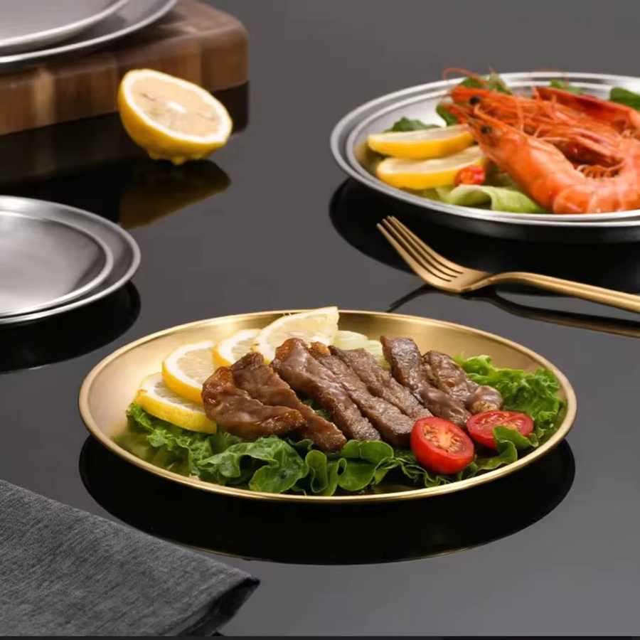 AJOYOUS 2er-Set Koreanische Servierteller aus Edelstahl in Gold und Silber, runde flache Platten für Obst, Kuchen und Café-Zubehör - Bild 5