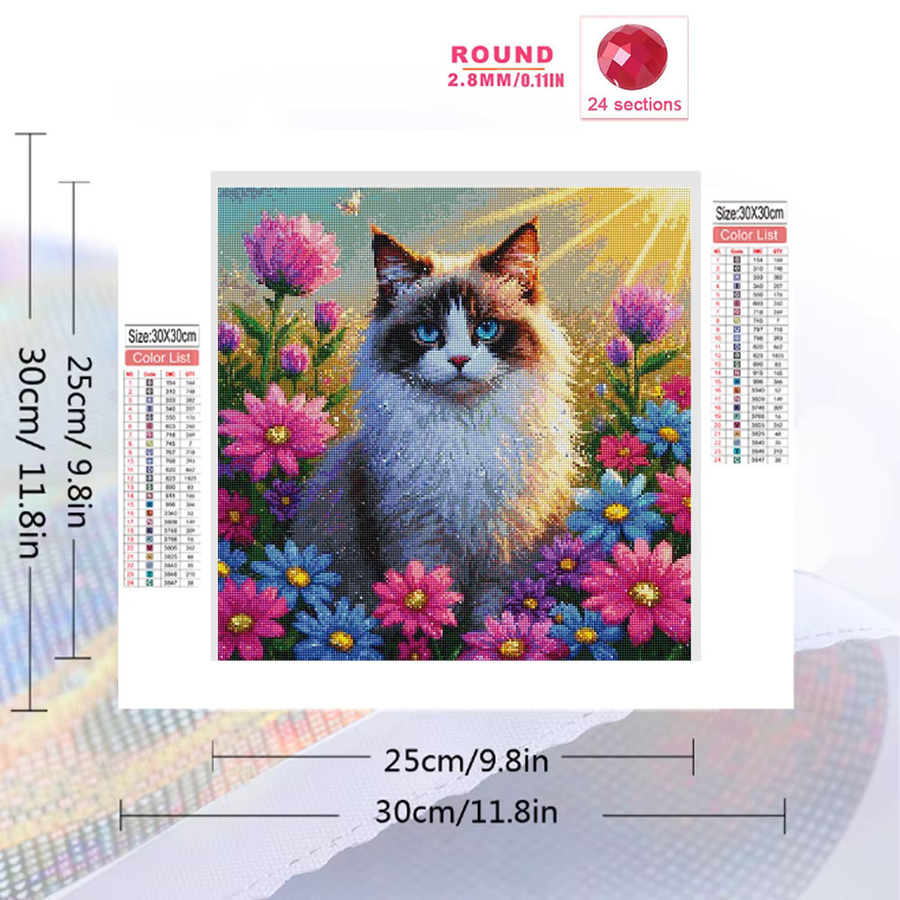 EverShine Diamant-Gemälde mit floralem Motiv und Katze, Mosaik-Stickerei mit runden Strasssteinen in Multicolour, B/H: 20 x 20 cm - Bild 2
