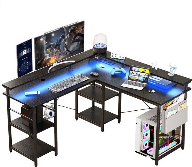 ThomP Moderner L-Schreibtisch in Schwarz, 2 in 1 Umwandelbar mit ergonomischem Monitortisch-Aufsatz und Power Hub, Eckschreibtisch für Home Office und Gaming - Bild 1