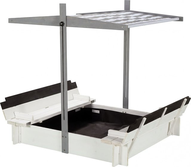 WONDERMAKE Design Sandkasten aus Holz mit Dach, Abdeckung und Sitzbank, quadratische Kinder Sandkiste mit UV-Sonnenschutz für Garten und Outdoor, B/T: 120 x 120 cm, weiß grau schwarz - Bild 1