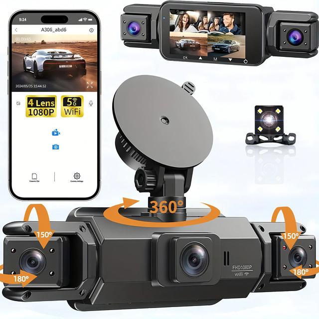 Etymoofox 4-Kanal Dashcam mit WLAN und 360-Grad-Aufnahme, Auto-DVR für vorne, hinten und Parkmodus, Schwarz - Bild 1