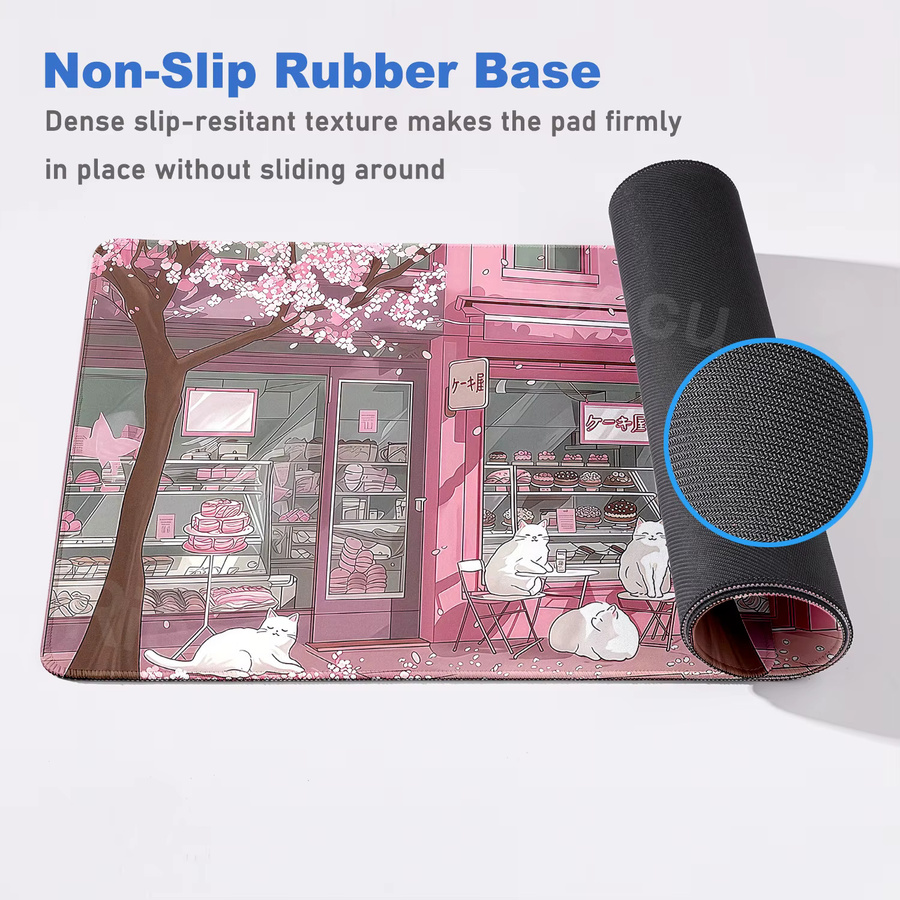 Riccu Gaming-Mauspad mit Kirschblüten und Katze, XL Schreibtischmatte in Pink - Bild 2