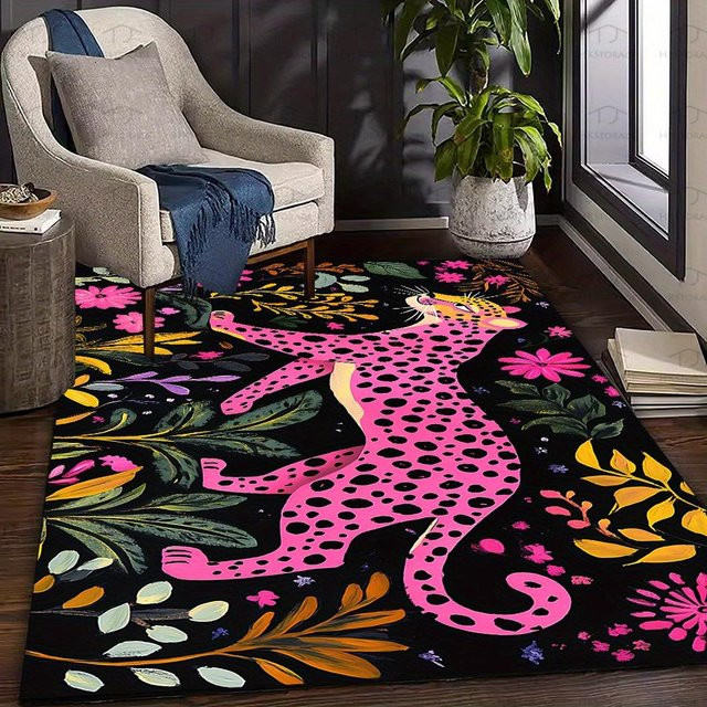 BC-Warm Home Teppich mit Dschungel-Leoparden- und Blumenmuster in Pink und Multicolour, moderner Polyester-Zimmerteppich, B/H: 60 x 40 cm - Bild 1