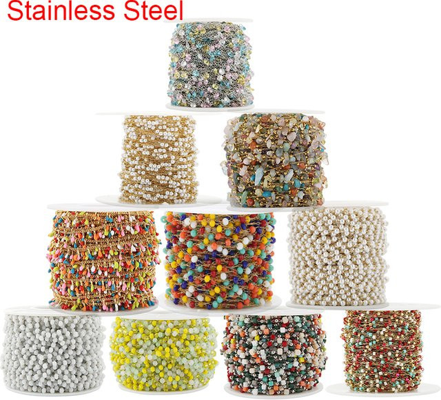 Halskette Edelstahl, Naturstein, Kristall, Glas, Perlen, 1 Meter, Unisex - Bild 1