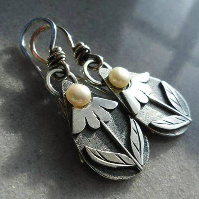 Huitan Ohrringe, Blumen-Design, Perle, Silber, Damen, Vintage - Bild 1