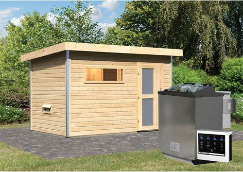 KARIBU Saunahaus Schwanenburg 1 aus Fichtenholz in Beige mit 9 kW Bio-Kombi-Ofen und externer Steuerung, B/T/H: 337 x 196 x 228 cm - Bild 1