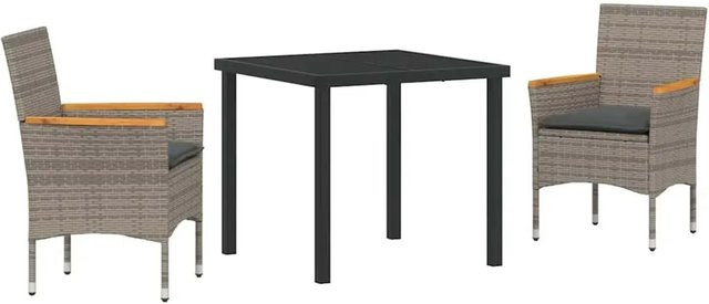 vidaXL Garten Essgruppe aus Poly-Rattan und Akazienholz in Grau mit Kissen und Sicherheitsglas, 3-teilig - Bild 1