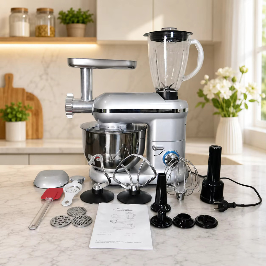 Jianyana Multifunktionaler Standmixer 1900W mit 6L Edelstahl-Rührschüssel in Silber inklusive Fleischwolf, Knethaken, Schneebesen und Rührbesen - Bild 8