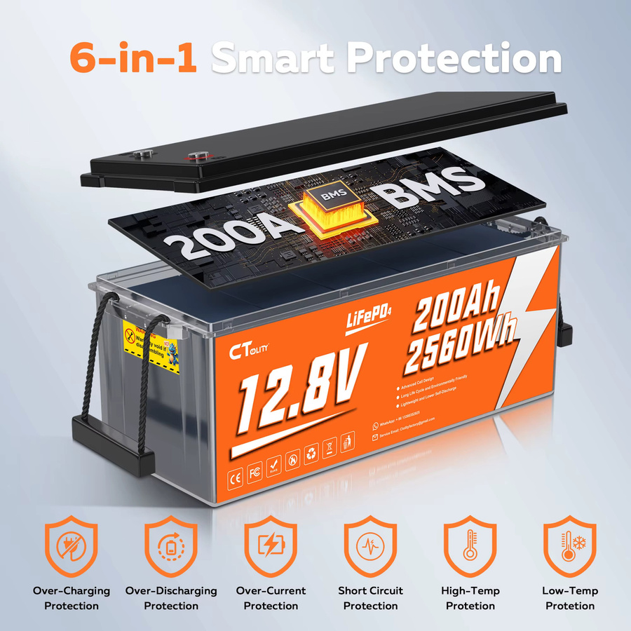 CTOLITY CT200-12 LiFePO4-Batterie 12,8 V 200 Ah 2560 Wh in Schwarz mit integriertem 200 A BMS für Solargeneratoren und Wohnmobile - Bild 2