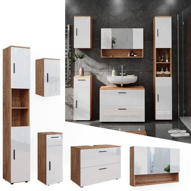 Vicco Badmöbelset Irma in Eiche und Weiß Hochglanz, 5-teiliges Badezimmer-Set mit Waschtischunterschrank, Spiegelschrank, Hochschrank, Midischrank und Hängeschrank, Breite: 80 cm, Tiefe: 30 cm - Bild 1