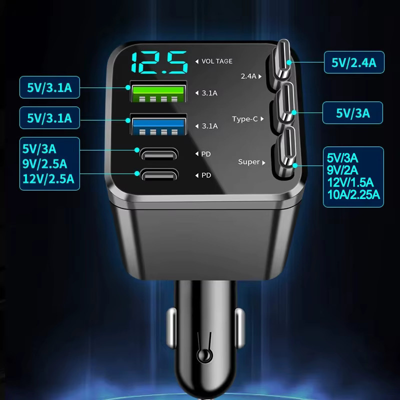 Kebidumei 7-in-1 Autoladegerät mit Dach-Sternenlampe, 148 W Schnellladegerät mit 4 USB-Ports und PD, Digitales Voltmeter, Schwarz - Bild 2