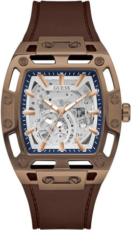 Guess Herrenuhr Automatik, Edelstahl, Silber, 43 mm, Silikon