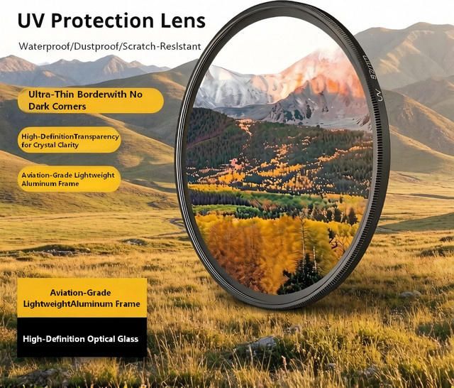 Universeller HD-UV-Filter für DSLR-Kameras, 37–82 mm, Schwarz, wasserdicht und staubdicht mit 99 % Transmissionsgrad aus Luftfahrt-Aluminium - Bild 1