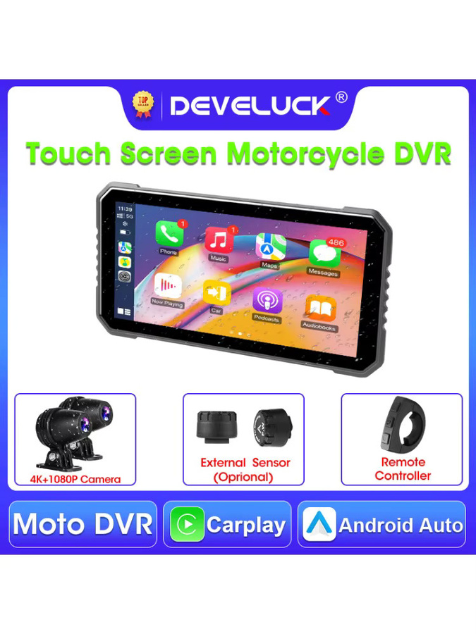 Develuck Motorrad GPS Navigation mit 6,25 Zoll 4K+1080P DVR Display, kabelloses CarPlay und Android Auto, wasserdichter Bluetooth Bildschirm mit Dual Lens in Schwarz - Bild 6