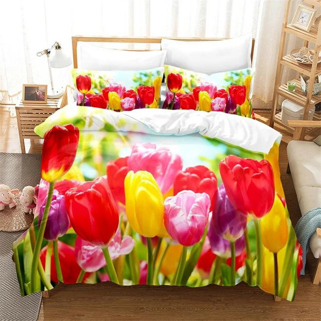JMG Household Supplies Tulpen Bettwäsche-Set mit 3D-Blumenmuster aus Mikrofaser, Mehrfarbig - Bild 1