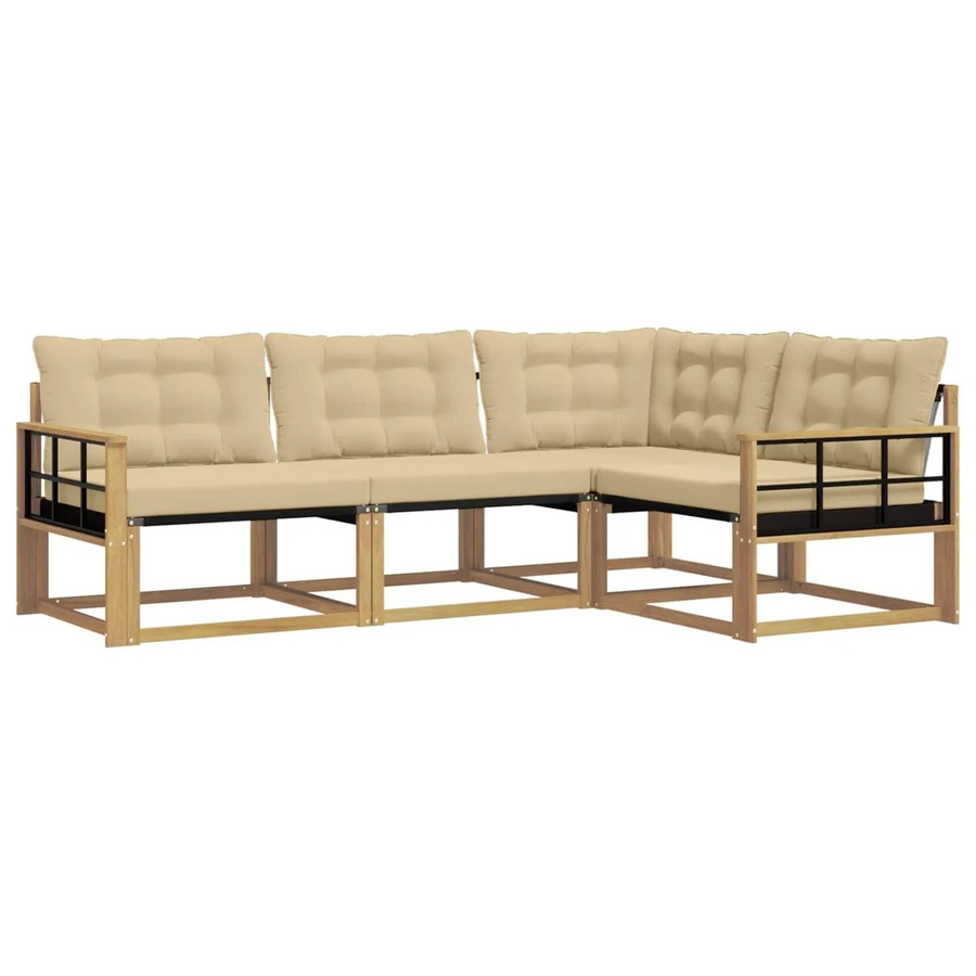 vidaXL Outdoor-Sofagarnitur in L-Form aus Akazienholz mit Textilene und Kissen in Weiß und Beige - Bild 2