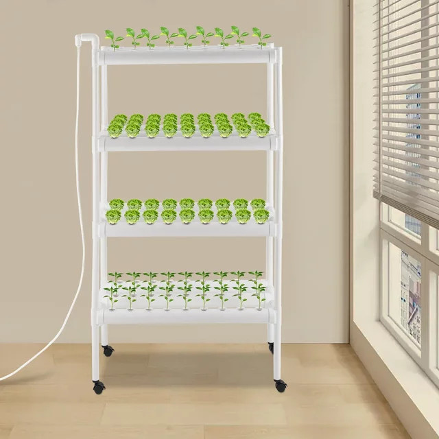 4-lagiges Hydrokultur-Anbausystem-Set in Weiß mit 12 Röhren, Wasserpumpen-Timer und Universalrädern für den Indoor-Pflanzenanbau, H: 144 cm, B: 89 cm, T: 36 cm - Bild 1