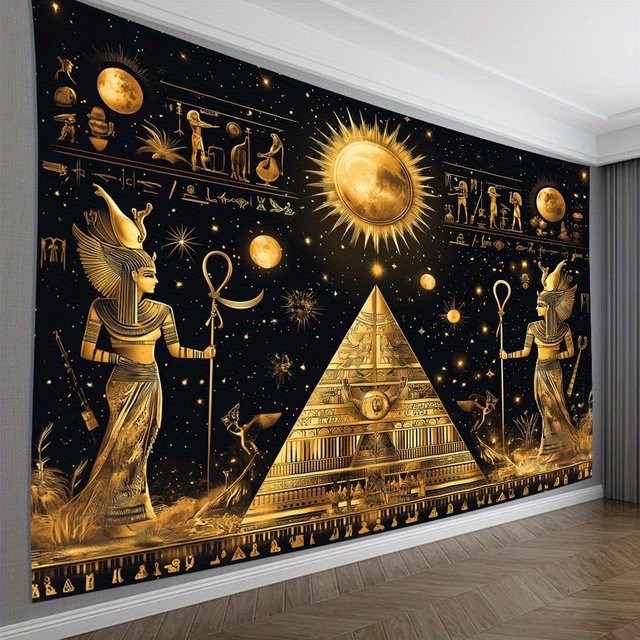 VIKAMA Vintage Wandteppich mit ägyptischer Pyramide und Kalligraphiekunst in Gold, Retro-Wüsten-Sonnenuntergang Wandbehang - Bild 1