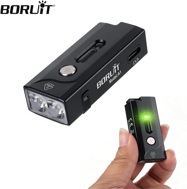 BORUiT A1 LED-Schlüsselanhänger-Taschenlampe in Schwarz mit 580 Lumen, USB-aufladbar, mit Clip, Magnet und Kappenleuchte für Camping und Outdoor - Bild 1