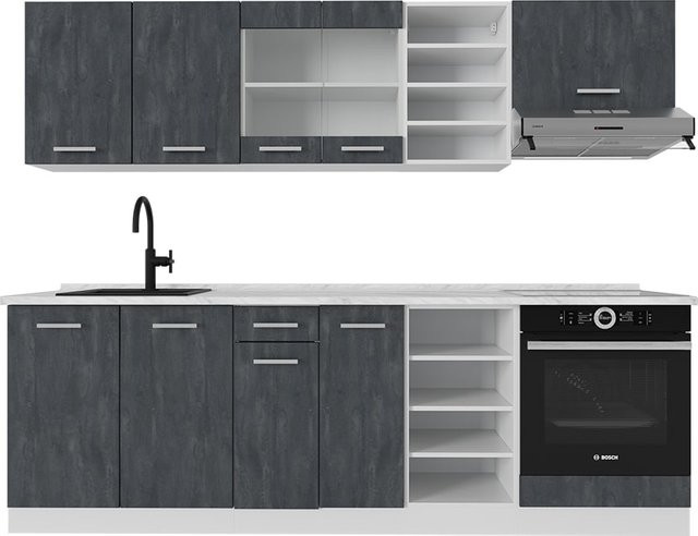 Vicco R-Line Küchenzeile in Schwarz Beton und Weiß mit Arbeitsplatte in Anthrazit, Breite: 240 cm - Bild 1