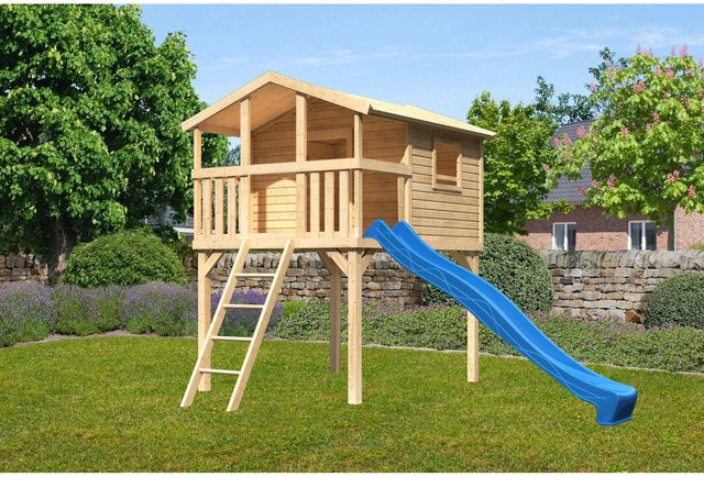 Karibu Stelzenhaus Benjamin Naturbelassen mit Holzleiter und Rutsche in Blau und Natur Braun B/H/T: 225 x 309 x 250 cm - Bild 1