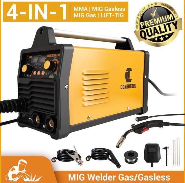 CONENTOOL 4-in-1 Multifunktions-Schweißgerät für MIG, MAG, MMA und WIG in Gelb, gas- und gasfrei, 220 V, 30–200 A - Bild 1