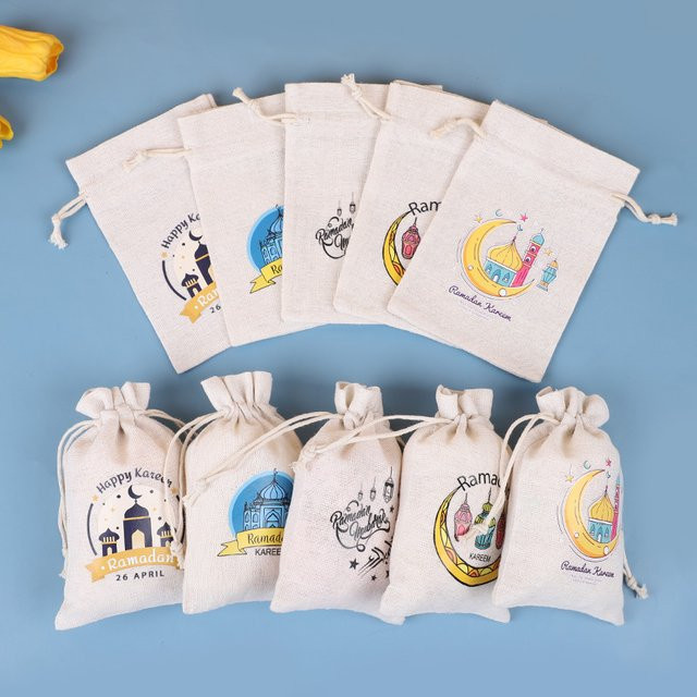 5er Set ZQNYCY Stoff-Geschenktaschen für Ramadan und Eid Mubarak in Weiß zur Dekoration von Süßigkeiten und Gebäck - Bild 1
