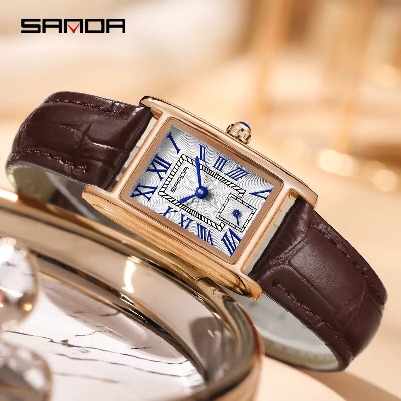 Sanda Armbanduhr, Quarz, Rechteckiges Zifferblatt, Leder, Damen, Schwarz - Bild 2