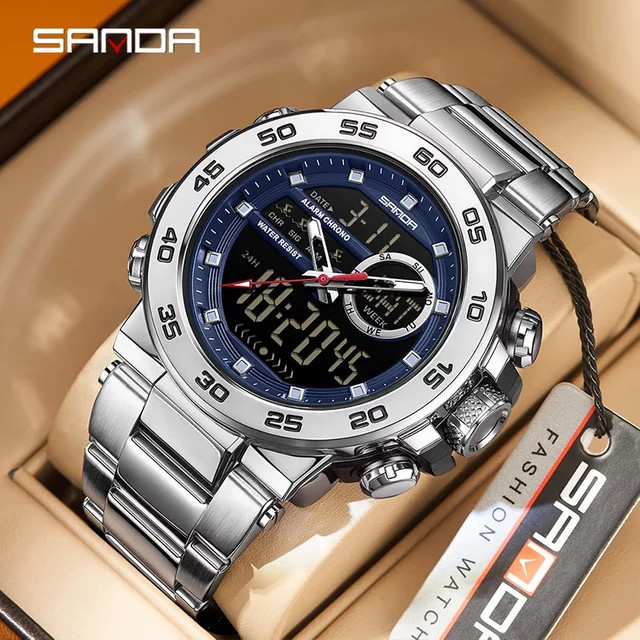 SANDA Armbanduhr, Analog-Digital, Quarz, Edelstahl, Schwarz, Herren - Bild 1