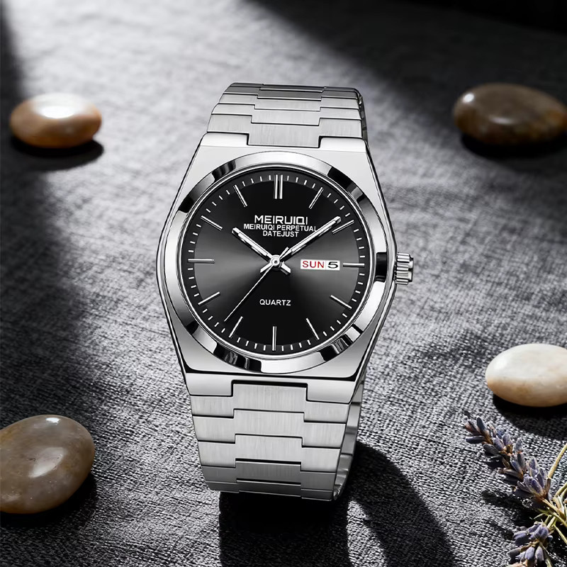 MEIRUIQI Armbanduhr Edelstahl, Quarz, Silber-Schwarz, Herren, Datum, Wochentag - Bild 3