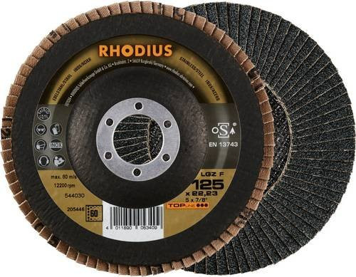 Rhodius TOPline LGZ F Fächerschleifscheibe für Edelstahl und Stahl, Körnung 60, Durchmesser: 125 mm, Bohrung: 22,23 mm, Farbe: Schwarz, 10 Stück - Bild 1