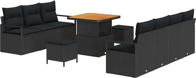 vidaXL Garten-Sofa-Set in Schwarz mit 10 Teilen inklusive Kissen, Polstersofa, Sesseln, Ottomane und Couchtisch mit integriertem Kissenstaufach - Bild 1