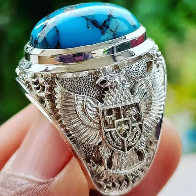 POMOiii Ring, silberfarbenes Metall, blauer Stein, Adler, Unisex - Bild 1