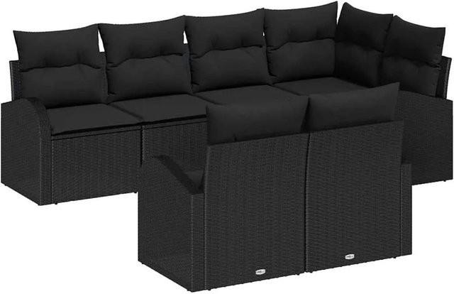 vidaXL Garten-Sofa-Set aus Poly-Rattan in Schwarz mit 7 Teilen und Kissen, L-Form mit UV-beständigem Outdoor-Stoff und wetterfesten Kissen - Bild 1
