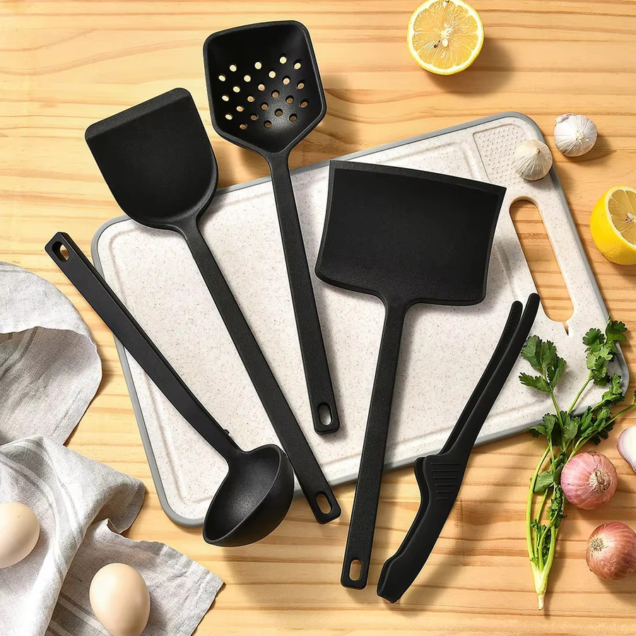 JANKNG 5-teiliges Silikon Kochgeschirr Set in Schwarz für Küche und Backen mit Schaufel, Löffel und Lebensmittelzange - Bild 1