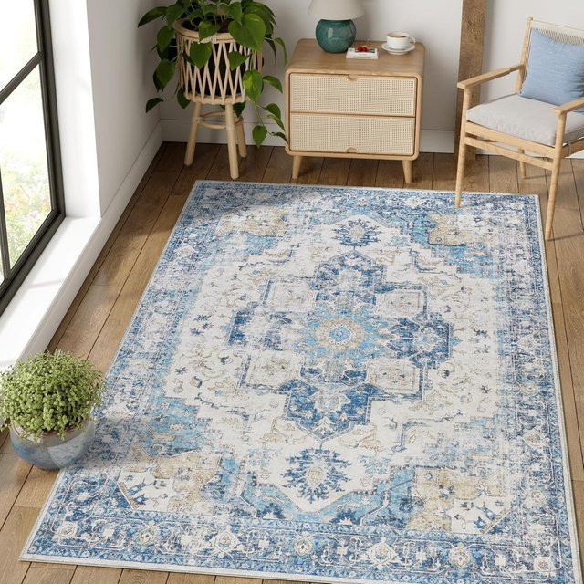 VIKAMA Nordischer Vintage-Teppich im Ethno-Stil aus Kristall-Samt, Blau, B/T: 120 x 80 cm - Bild 1