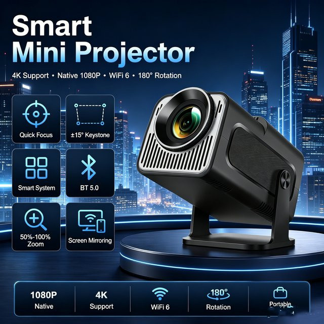 ZNLYRION Mini Smart Projektor mit Android 11.0, 4K Decode, 720P Native Auflösung, WiFi6 und Bluetooth 5.0, Tragbares Heimkino in Schwarz mit bis zu 130 Zoll Display und automatischer Trapezkorrektur - Bild 1
