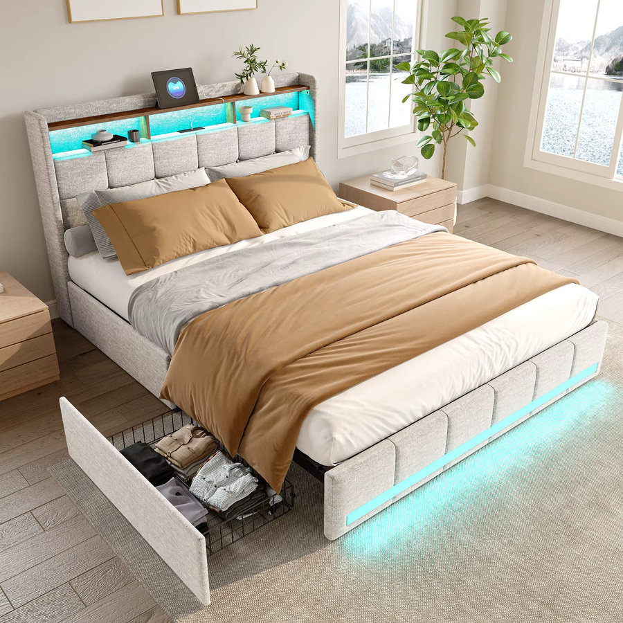 Roshanda Modernes Doppelbett mit 4 Schubladen und Polsterung aus Leinen, B/T/H: 140 x 200 cm, Grau/Beige - Bild 6