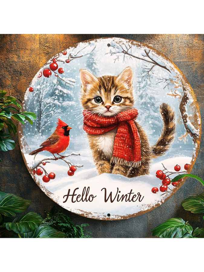 Vintage Wandkunstschild aus Aluminium von Potdemiel mit Weihnachtskatze und Kardinal, runde Winterszene, Mehrfarbig, Durchmesser: 20,32 cm - Bild 6