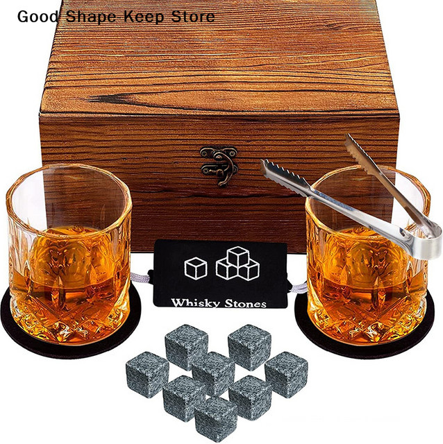 HOUKEA Whisky-Set mit 8 Granit-Eiswürfeln und 2 Gläsern in einer braunen Holzbox - Bild 1