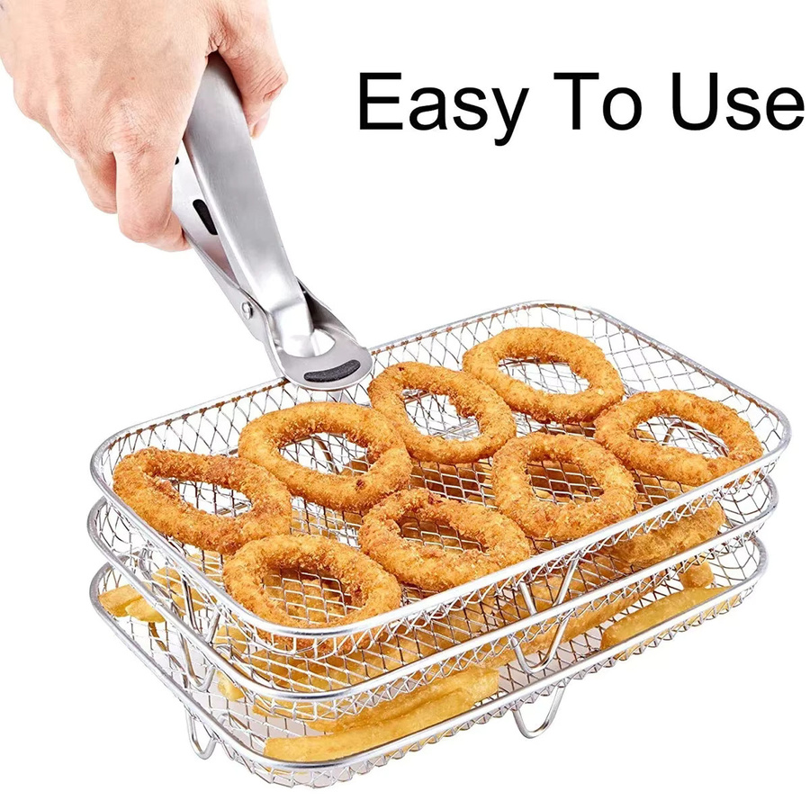 WIKHOSTAR Stapelbares Luftfritteuse Zubehör Set aus Edelstahl in Silber, 3-lagiges Rack für Heißluftfritteusen - Bild 3