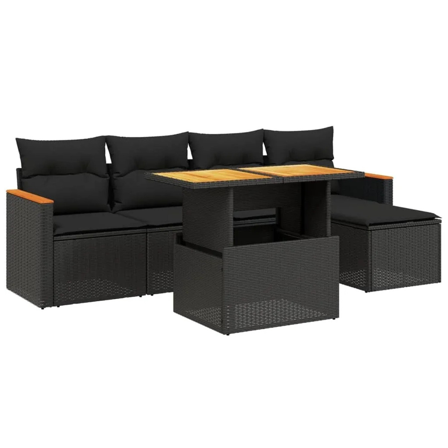 vidaXL 6-teilige Garten-Sofagarnitur aus Poly-Rattan und Akazienholz in Schwarz mit Kissen - Bild 2