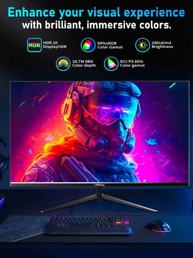 FYHXele Gaming-Monitor 24 Zoll mit 180Hz, FHD 1080P, IPS-Panel, 1ms Reaktionszeit, RGB-Beleuchtung, Schwarz, DP und HDMI - Bild 2