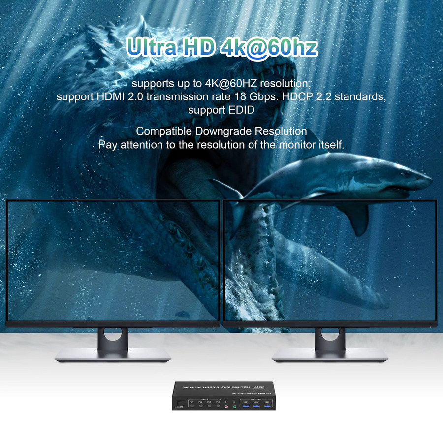 AIMOS 4 in 2 Out HDMI Dual-Monitor-KVM-Switch in Schwarz mit 4K@60Hz Unterstützung, EDID und 3 USB 3.0 Anschlüssen für 4 PCs zur Steuerung von Tastatur und Maus - Bild 3