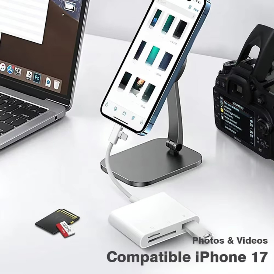 3-in-1 OTG Kartenleser Typ C und Lightning auf SD TF und USB Speicherkartenadapter in Weiß für Laptops und iPhone - Bild 4