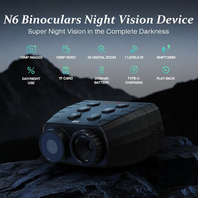 GTGUARD N6 Fernglas mit Nachtsichtfunktion, 1080P FHD Video- und Fotoaufnahme, 850nm Infrarot-LED, 5-facher Digitalzoom, Schwarz - Bild 1