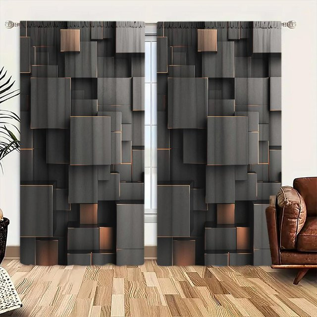2er-Set Vorhang mit 3D-Rechteck-Formation in Schwarz, halbtransparentes Fensterdekor aus Polyester für Schlafzimmer, Büro und Küche, Breite: 75 cm, Höhe: 165 cm - Bild 1