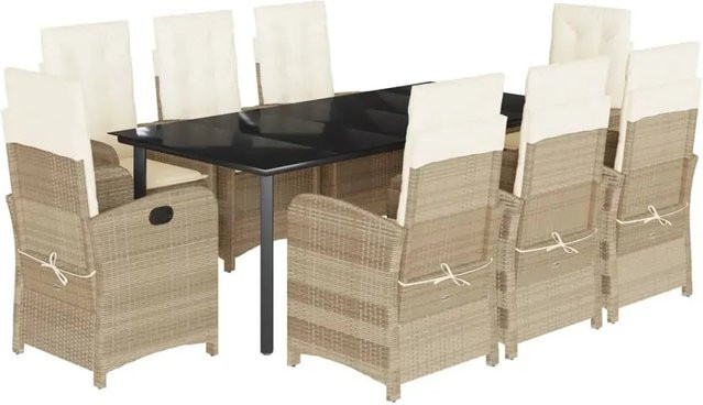 vidaXL 9-teilige Garten-Essgruppe aus Poly-Rattan mit Kissen in Beige und Cremeweiß - Bild 1